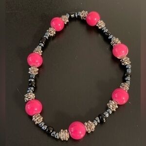Pink black and silver beaded bracelet